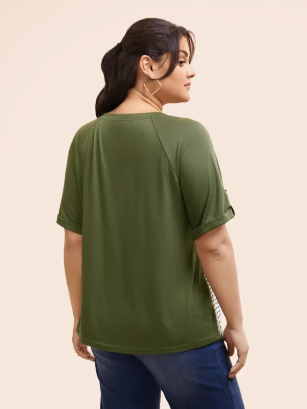 Striped Contrast Patched Pocket Roll Raglan Sleeve T-shirt - Image 2