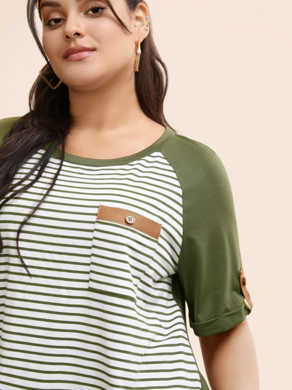 Striped Contrast Patched Pocket Roll Raglan Sleeve T-shirt - Image 3