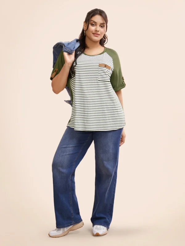 Striped Contrast Patched Pocket Roll Raglan Sleeve T-shirt - Image 4