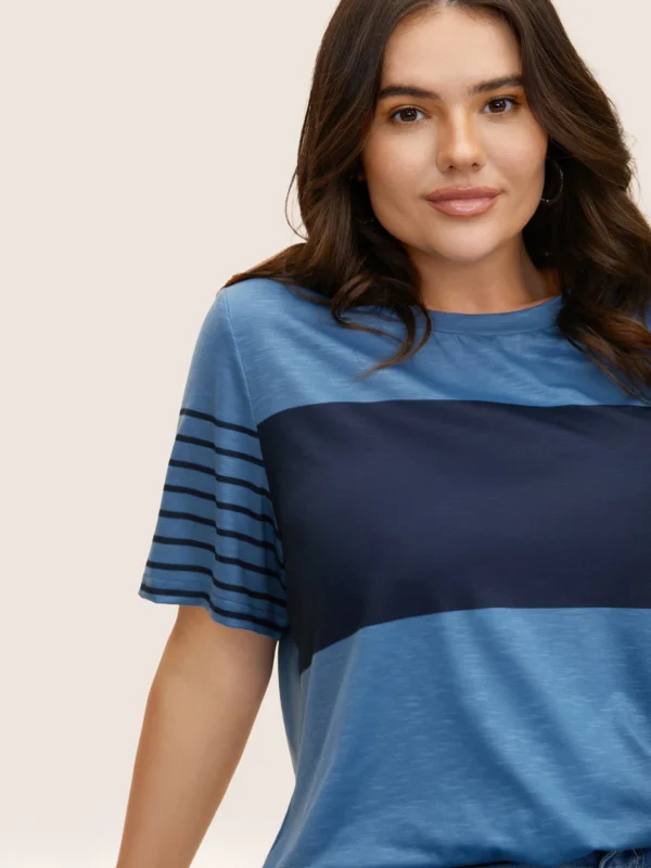 Crew Neck Striped Patchwork Contrast T-shirt - Image 5