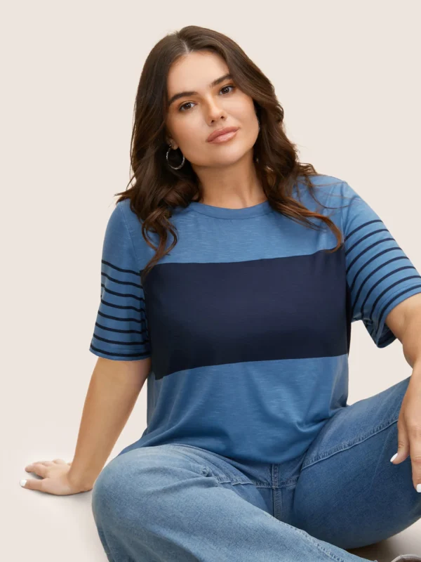 Crew Neck Striped Patchwork Contrast T-shirt - Image 4