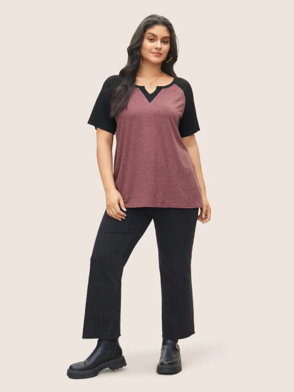 Colorblock Contrast Notched Raglan Sleeve T-shirt - Image 3