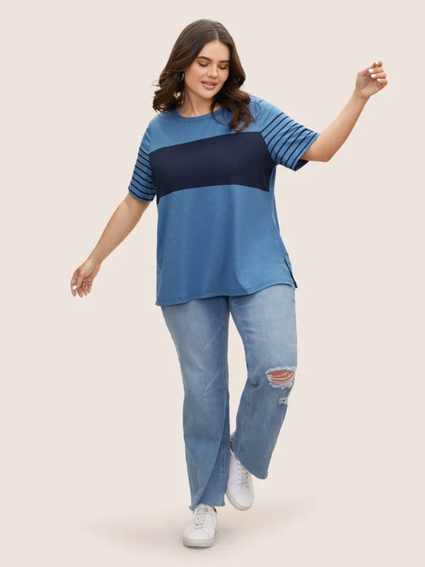 Crew Neck Striped Patchwork Contrast T-shirt - Image 6