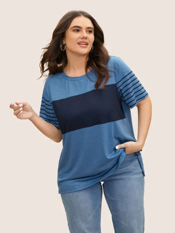 Crew Neck Striped Patchwork Contrast T-shirt - Image 3