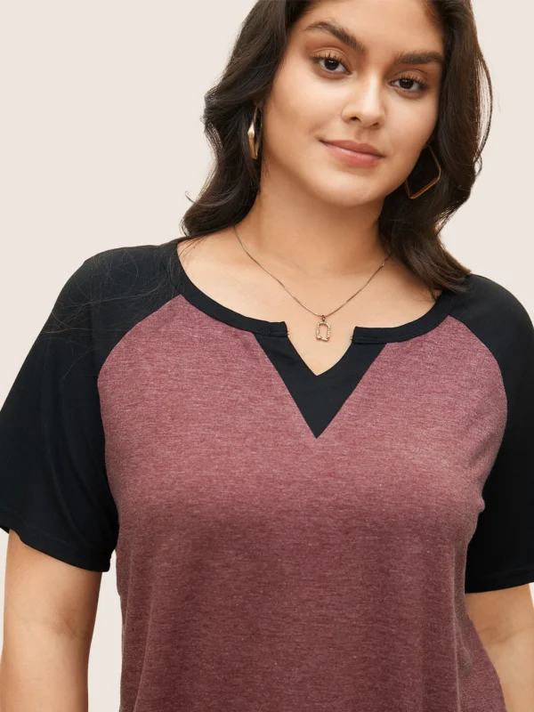 Colorblock Contrast Notched Raglan Sleeve T-shirt - Image 4
